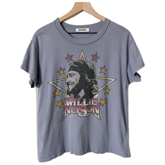 Daydreamer Tops - Daydreamer Willie Nelson Stars Reverse Girlfriend Tee Blue Gray Size Large